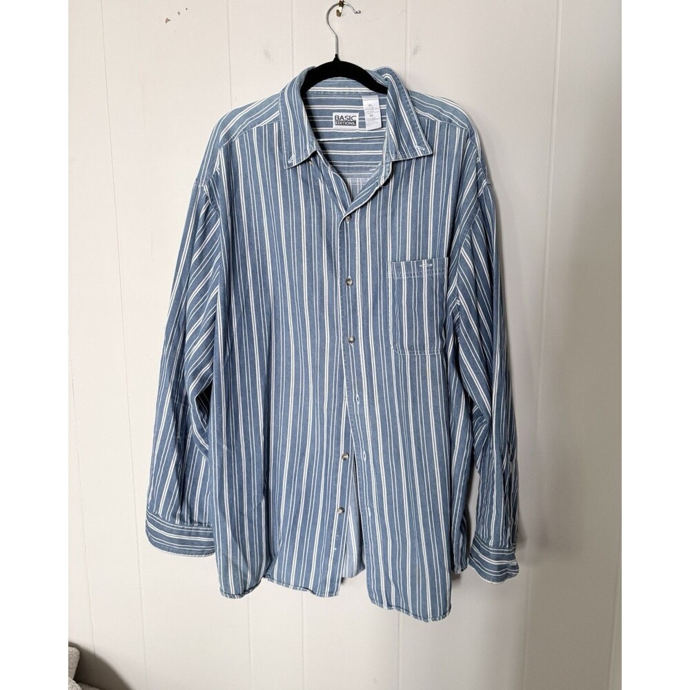 90s Basic Editions Striped Blue/White Long Sleeve Point Collar Cotton Shirt – XL